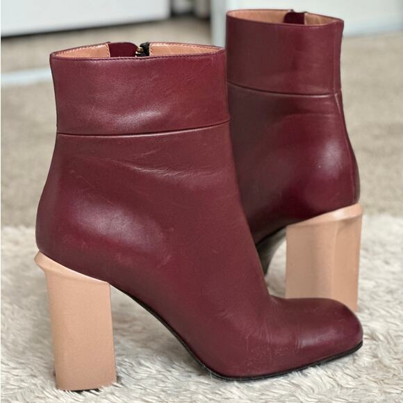 Marni Sz 7 Womens Ankle Leather Boots Block Heel Square Toe Maroon Red Nude - Picture 1 of 10